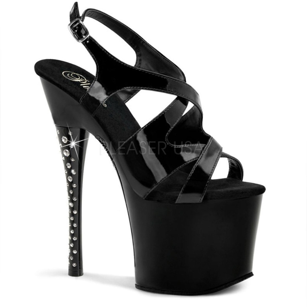 👠 NEW! PLEASER Exotic Diamond Studded Blck Patent Crisscross Straps 7” Heel - 6